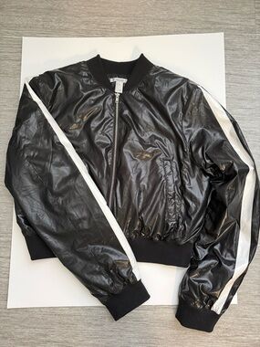 Forever21 Black Bomber Jacket with White Sleeve Stripes